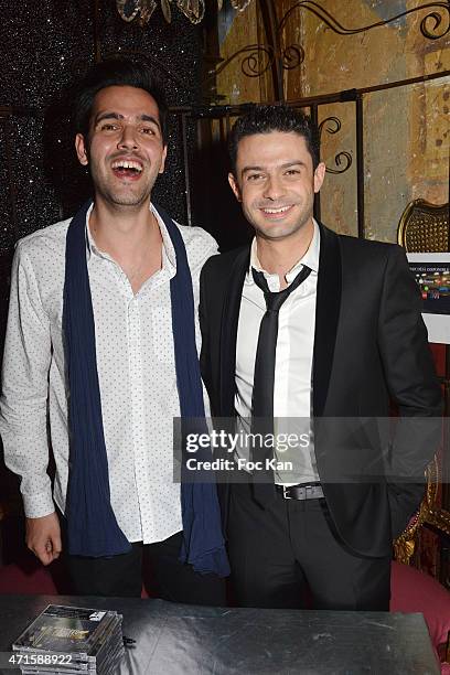 Singers Yoann Freget from The Voice and Gregory BakianÊ attend the Gregory Bakian's '1er EP Eponyme' Concert Launch Party at Le Reservoir on April...