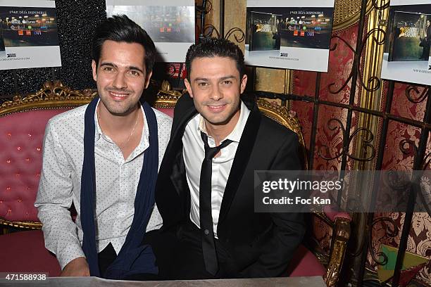 Singers Yoann Freget from The Voice and Gregory BakianÊ attend the Gregory Bakian's '1er EP Eponyme' Concert Launch Party at Le Reservoir on April...