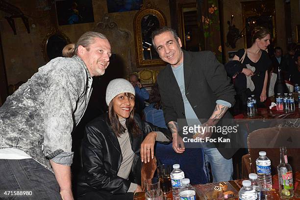 Emmanuel Petit, a guest and Boxing champion Fabrice Benichou attend the Gregory Bakian's '1er EP Eponyme' Concert Launch Party at Le Reservoir on...