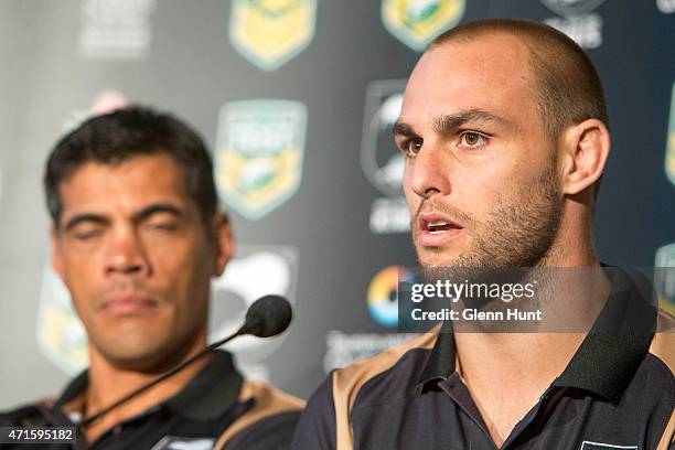 New Zealand coach Stephen Kearney and captain Simon Mannering speak to the media ahead of the international Test match during a press conference at...