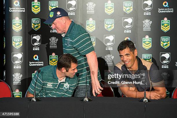 Australia captain Cameron Smith, coach Tim Sheens and New Zealand coach Stephen Kearney share a laugh at a press conference ahead of the...