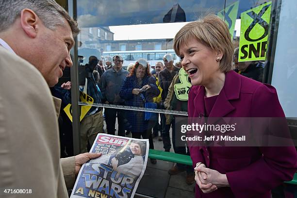 First Minister Nicola Sturgeon launches the final SNP poster of the General Election campaign on Leith Walk on April 30, 2015 in Edinburgh, Scotland....