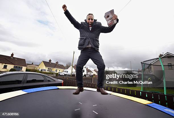 Democratic Unionist Party Westminster candidate Ian Paisley Jr makes impromptu use of a trampoline whilst out canvassing on April 29, 2015 in...