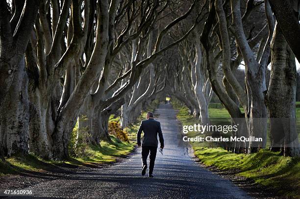 Democratic Unionist Party Westminster candidate Ian Paisley Jr walks along the Dark Hedges whilst out canvassing on April 29, 2015 in Ballymoney,...