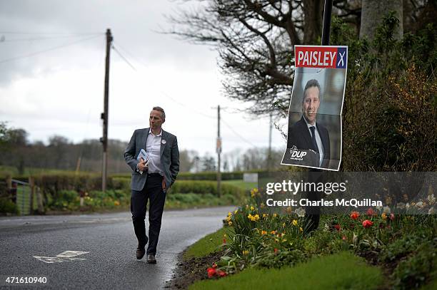 Democratic Unionist Party Westminster candidate Ian Paisley Jr out canvassing on April 29, 2015 in Ballymoney, Northern Ireland. Son of the late Ian...