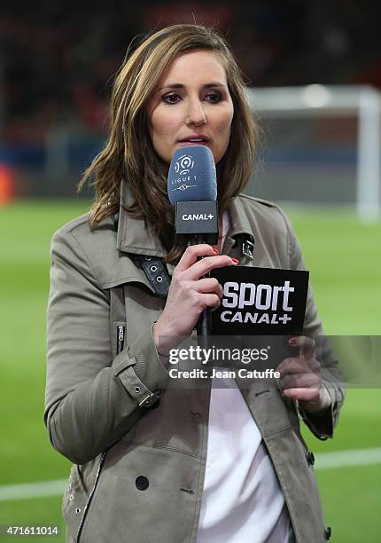 Journalist of Canal Plus Marie Portolano comments the French Ligue 1 match between Paris Saint-Germain and FC Metz at Parc des Princes stadium on...