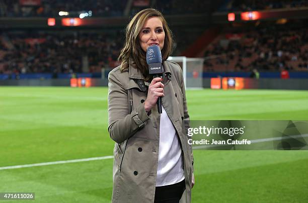 Journalist of Canal Plus Marie Portolano comments the French Ligue 1 match between Paris Saint-Germain and FC Metz at Parc des Princes stadium on...