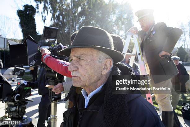 "The actor Giancarlo Giannini as Carlo Alberto dalla Chiesa and the director Giorgio Capitani being photo shooted on the set of the TV mini-series Il...