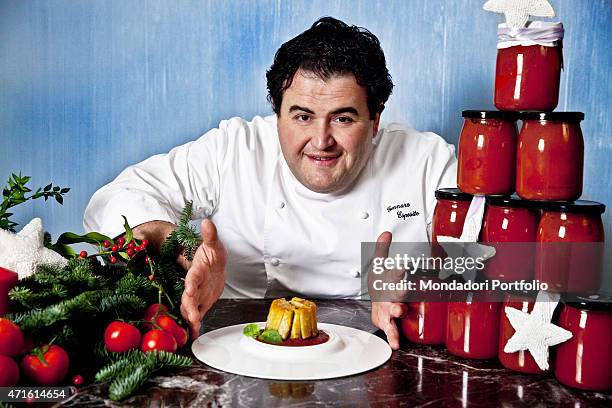 "The chef Gennaro Esposito showing his childhood Christmas meal, the candele timbale with Neapolitain sauce. Photo shooting. Vico Equense , December...