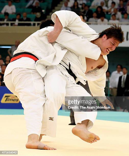 Hisayoshi Harasawa throws Ryu Shichinohe in the final of the All Japan Judo Championship at the Nippon Budokan on April 29, 2015 in Tokyo, Jpaan.
