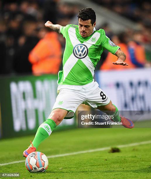 Vieira of Wolfsburg in action during the DFB Cup semi final match between Arminia Bielefeld and VfL Wolfsburg at Schueco Arena on April 29, 2015 in...