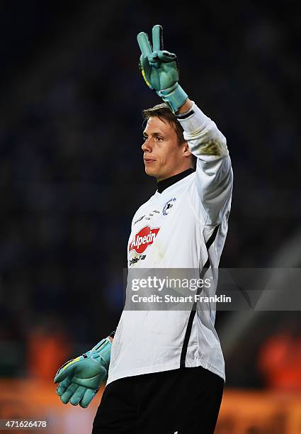 Alexander Schwolow of Bielefeld reacts during the DFB Cup semi final match between Arminia Bielefeld and VfL Wolfsburg at Schueco Arena on April 29,...