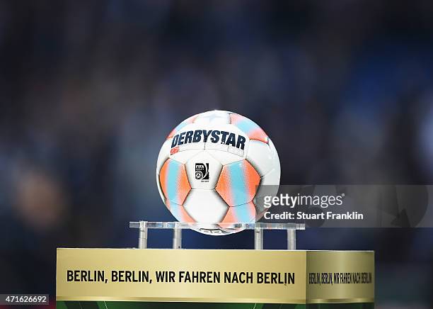 The match ball prior to the DFB Cup semi final match between Arminia Bielefeld and VfL Wolfsburg at Schueco Arena on April 29, 2015 in Bielefeld,...