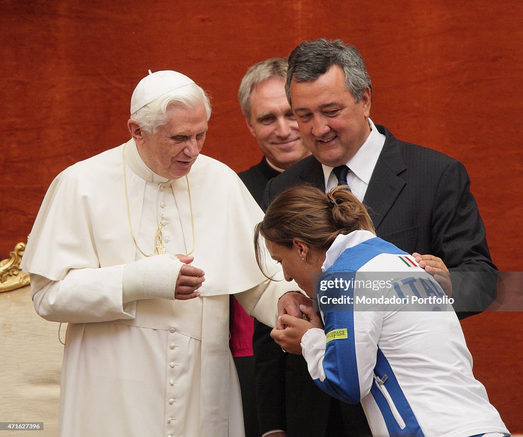 "Pope Benedict XVI, Georg Ganswein and Tania Cagnotto"