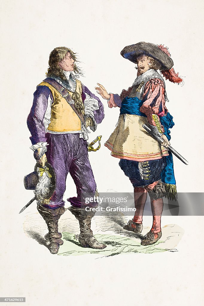 English and dutch nobleman with different costumes from 17th century