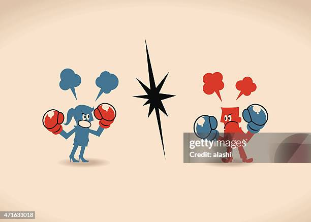 businessman and businesswoman having a fight with boxing gloves - fist clenched by side stock illustrations