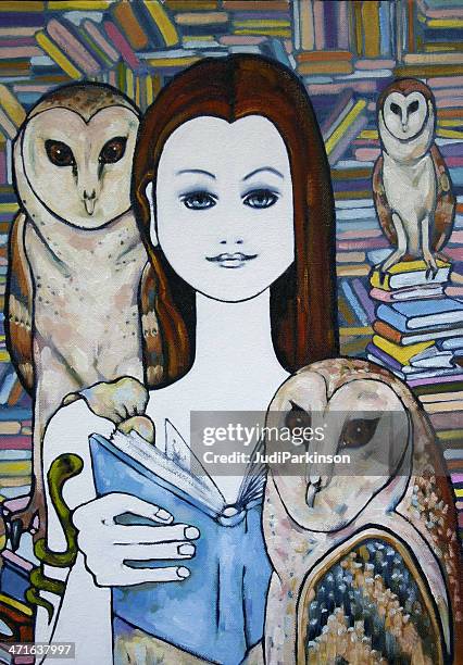 woman with owls and books - minerva stock illustrations