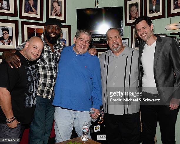 Comedians Jorge Cooch Marroquin, Bruce Jingles, Joey Diaz, Rudy Moreno and Brian McDaniel pose in the greenroom during their attendance at the final...