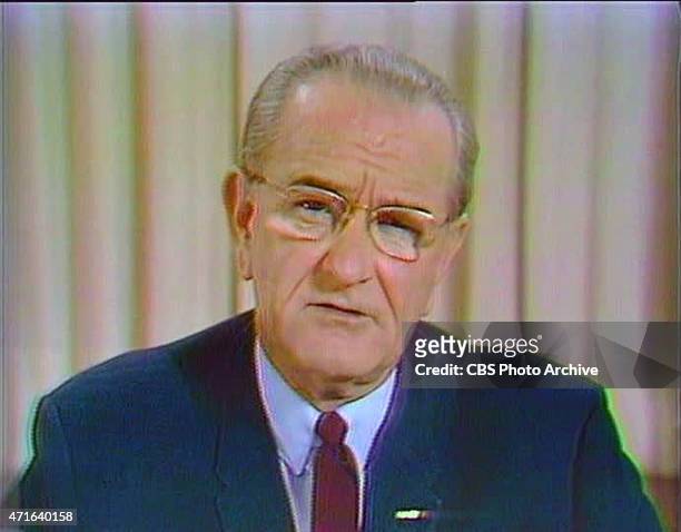 President Lyndon B. Johnson announcing he will not seek or accept the nomination for re-election and orders a halt tot he bombing of North Vietnam,...