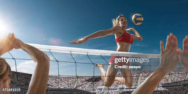 volleyball girl about to score - beach volleyball stockfoto's en -beelden