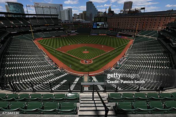 Starting pitcher Ubaldo Jimenez of the Baltimore Orioles works Jose Abreu of the Chicago White Sox in the first inning at an empty Oriole Park at...
