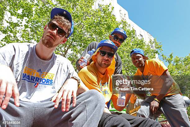 The Santa Cruz Warriors celebrate during the Championship Parade after winning the D-League Finals in Downtown Santa Cruz on April 29, 2015 in Santa...