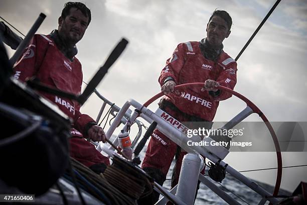 In this handout image provided by the Volvo Ocean Race, onboard MAPFRE. Andre Fonseca, aka Bochecha, and Carlos Hernandez first thing in the morning...