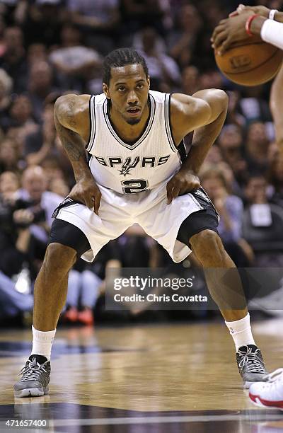 Kawhi Leonard of the San Antonio Spurs plays defense against the Los Angeles Clippers during Game Four of the Western Conference quarterfinals of the...