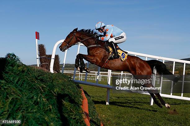 Ruby Walsh riding Un De Sceaux clear the first fence on their way to winning The Ryanair Novice Chase at Punchestown racecourse on April 30, 2015 in...