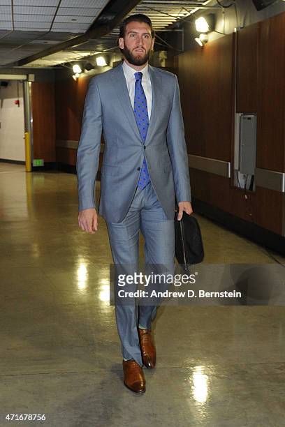 Spencer Hawes of the Los Angeles Clippers arrives at the arena before a game against the San Antonio Spurs in Game Five of the Western Conference...