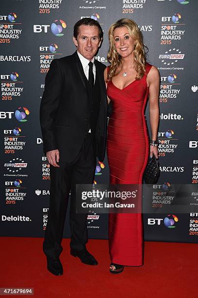 Jockey AP McCoy and wife Chanelle pose on the red carpet at the BT Sport Industry Awards 2015 at Battersea Evolution on April 30, 2015 in London,...