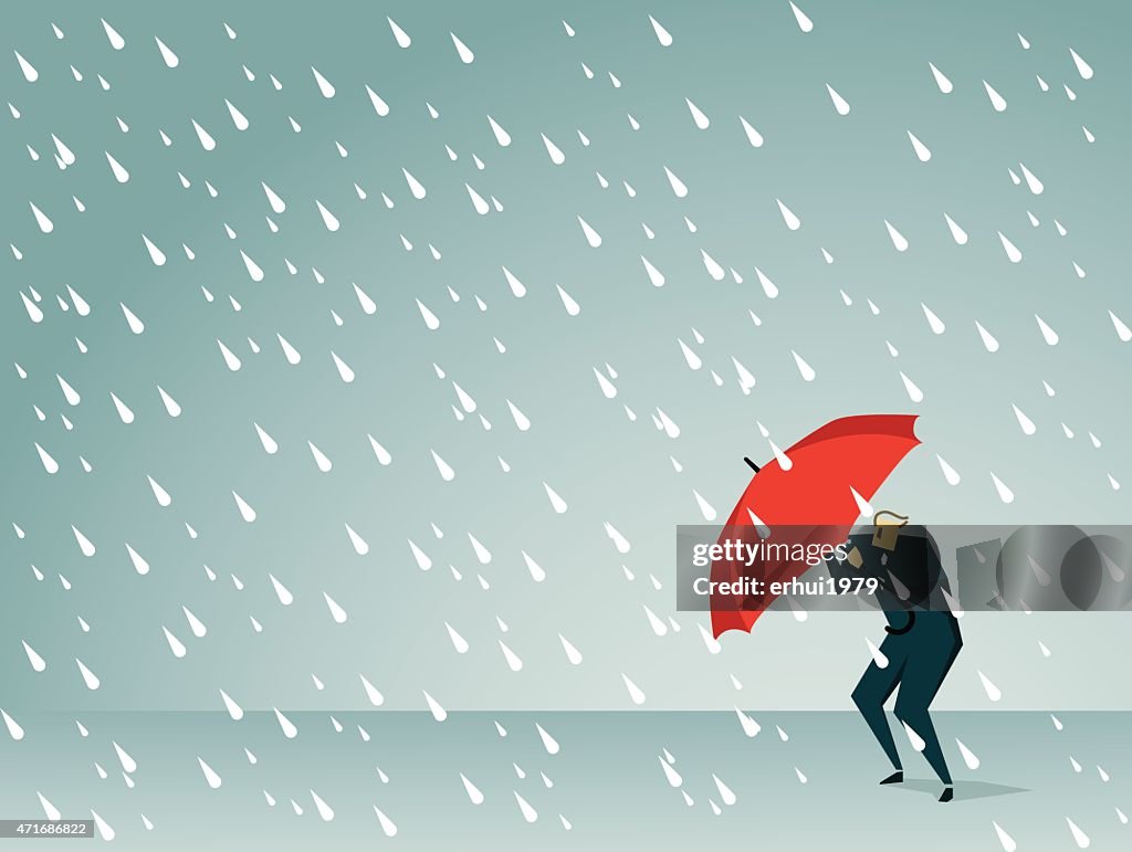 Cartoon man holding a red umbrella in a rain storm