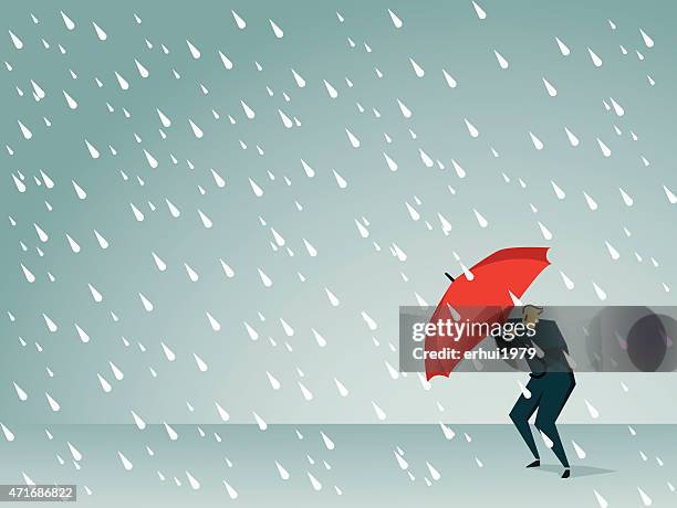 cartoon man holding a red umbrella in a rain storm - rain man stock illustrations