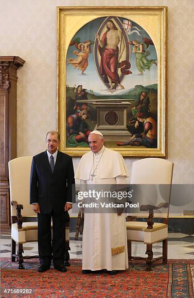 President James Alix Michel of the Republic of the Seychelles meets with Pope Francis at the Apostolic Palace on April 30, 2015 in Vatican City,...