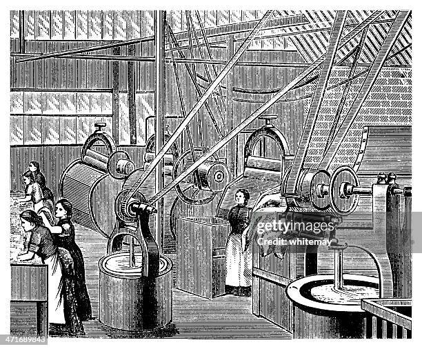 women working in a large victorian laundry - antique washing machine stock illustrations