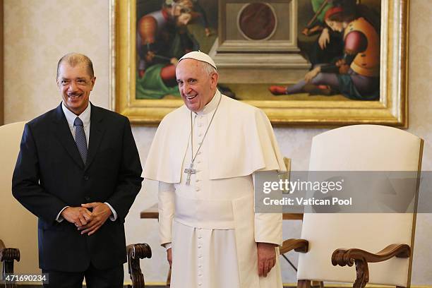 President James Alix Michel of the Republic of the Seychelles meets with Pope Francis at the Apostolic Palace on April 30, 2015 in Vatican City,...