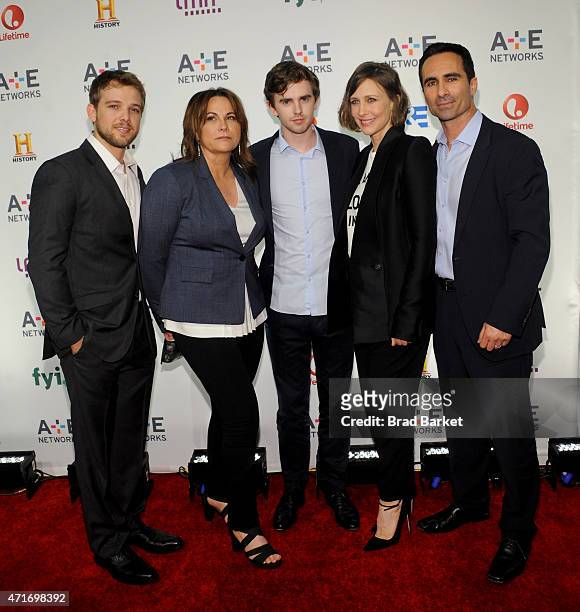Max Thieriot, Kerry Ehrin, Freddie Highmore, Vera Farmiga and Nestor Carbonell attend the 2015 A+E Networks Upfront on April 30, 2015 in New York...
