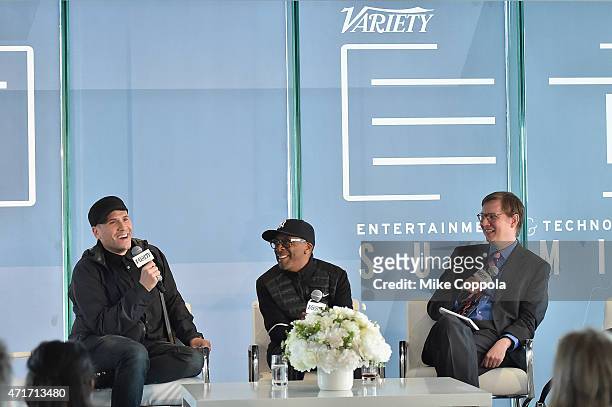 Marc Ecko, Spike Lee and Brent Lang speak onstage at Variety's Entertainment and Technology Summit NYC at Le Parker Meridien on April 30, 2015 in New...