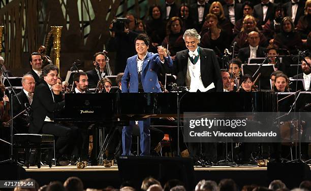Lang Lang and Andrea Bocelli attend the Opening Event - Expo 2015 at Piazza Duomo on April 30, 2015 in Milan, Italy.