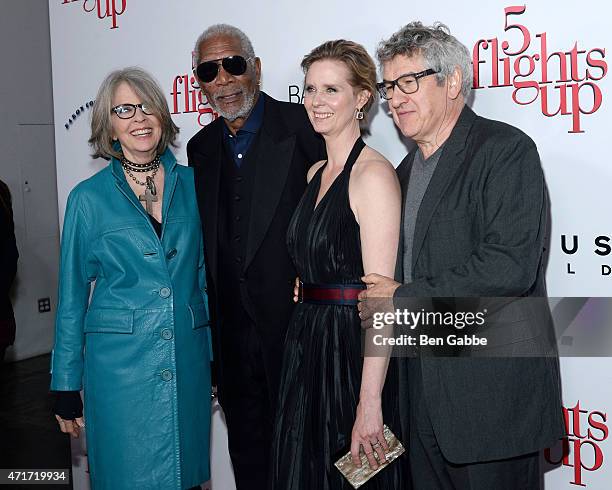 Diane Keaton, Morgan Freeman, Cynthia Nixon and director Richard Loncraine attend the "5 Flights Up" New York premiere at BAM Rose Cinemas on April...