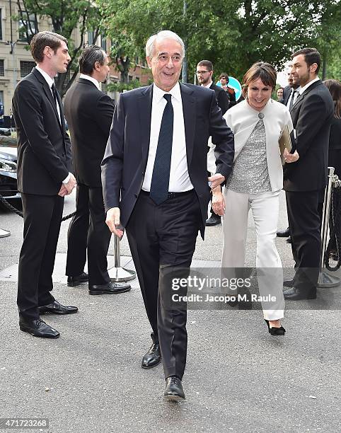 Giuliano Pisapia and Cinzia Sasso attend the Giorgio Armani 40th Anniversary Silos Opening And Cocktail Reception on April 30, 2015 in Milan, Italy.