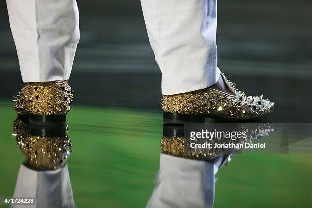 Photo of the shoes that Dante Fowler Jr. Of the Florida Gators is wearing after being chosen overall by the Jacksonville Jaguars during the first...