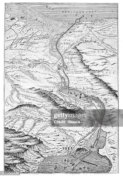 antique illustration of suez canal aerial view - river nile stock illustrations