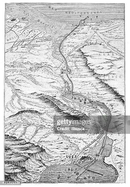 antique illustration of suez canal aerial view - canal do suez stock illustrations