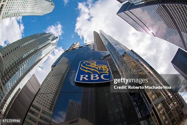 Royal Bank of Canada sign at the entrance of the company tower in Downtown Toronto, the bank is the largest financial institution with about 18...