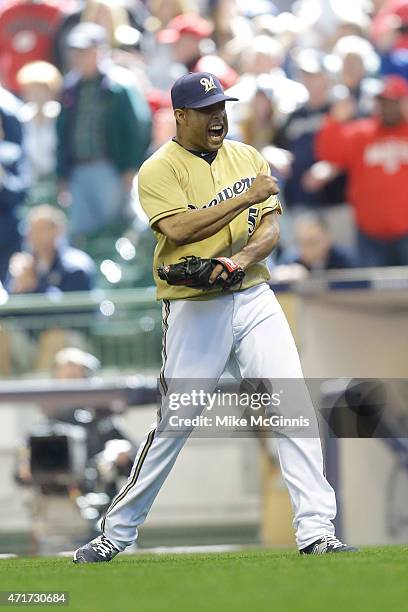 Francisco Rodriguez of the Milwaukee Brewers celebrates after the 4-2 win over the Cincinnati Reds at Miller Park on April 23, 2015 in Milwaukee,...