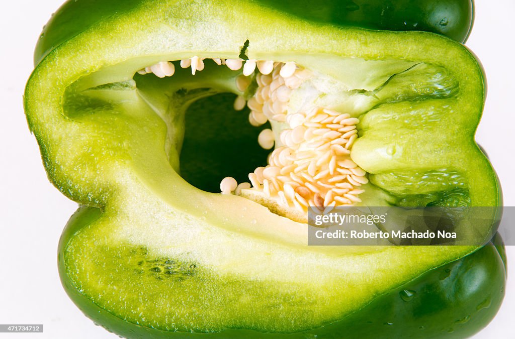 Transversal cut and interior detail of a green bell pepper...