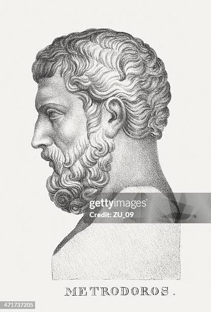 stockillustraties, clipart, cartoons en iconen met metrodorus of lampsacus, the younger (ancient greek philosopher), published c.1830 - greek statue