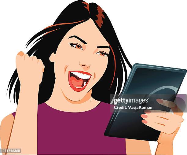 young woman celebrates with tablet computer - excited computer stock illustrations
