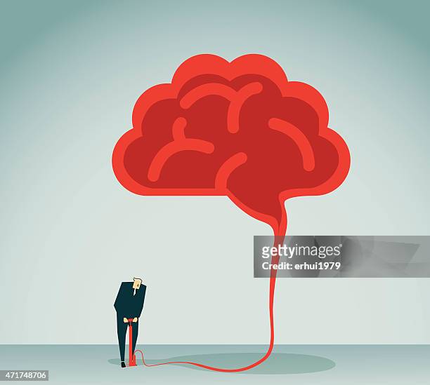 stockillustraties, clipart, cartoons en iconen met graphic of a man inflating a red brain - oversized